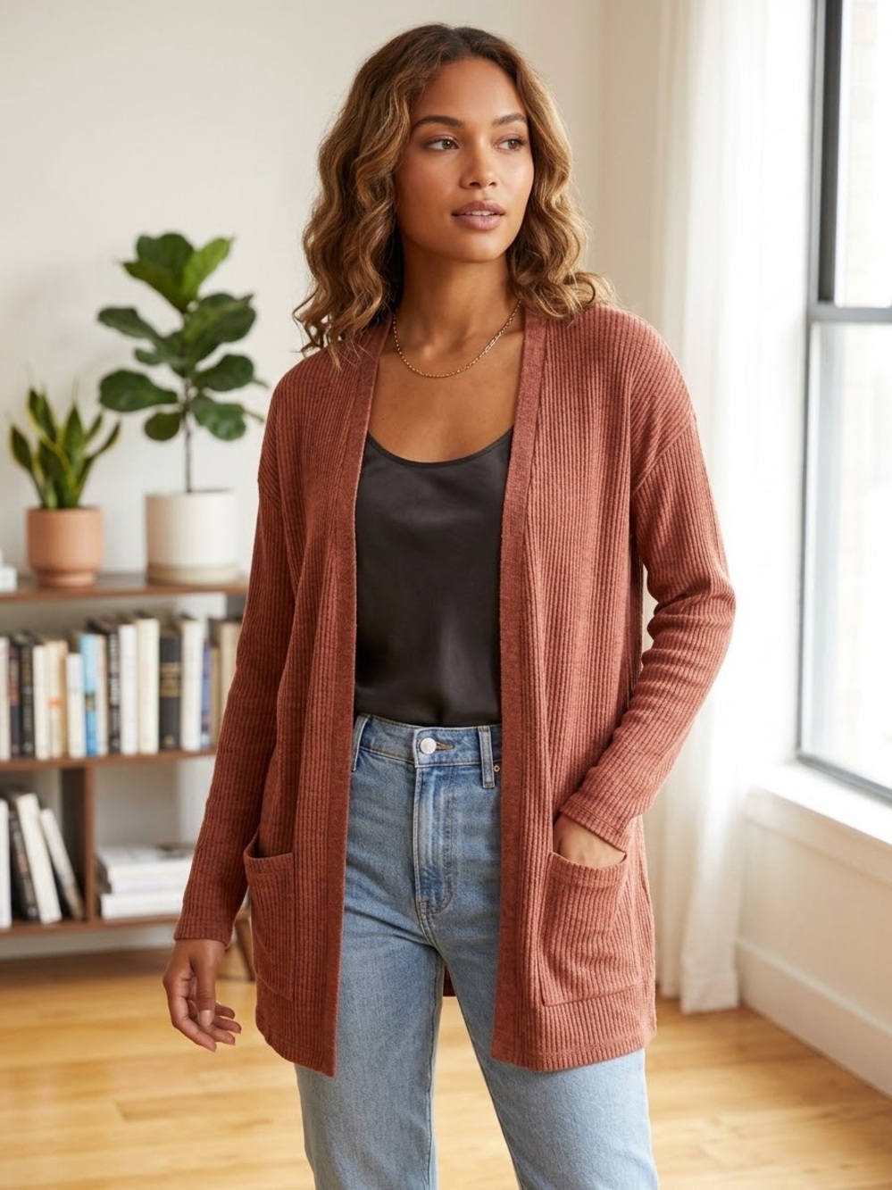 Eileen Fisher Organic Linen Rust Ribbed High Collar Open-Front Cardigan Size L